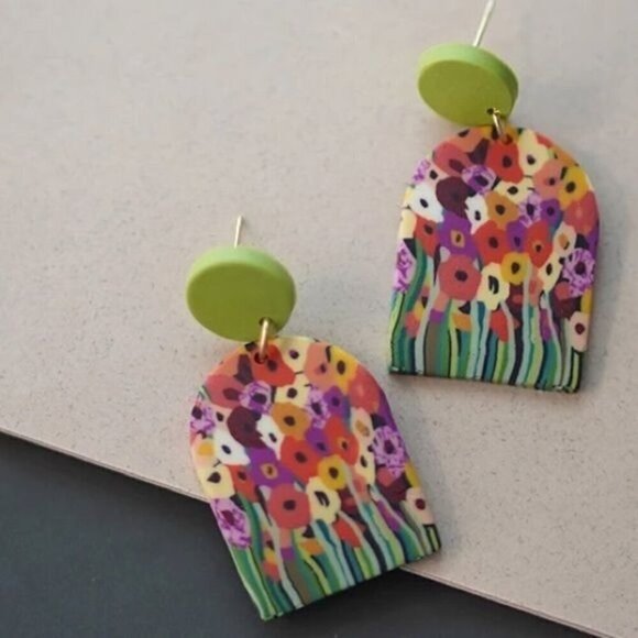 Geometric polymer clay earrings garden flowers statement earrings mothers day - Picture 1 of 4